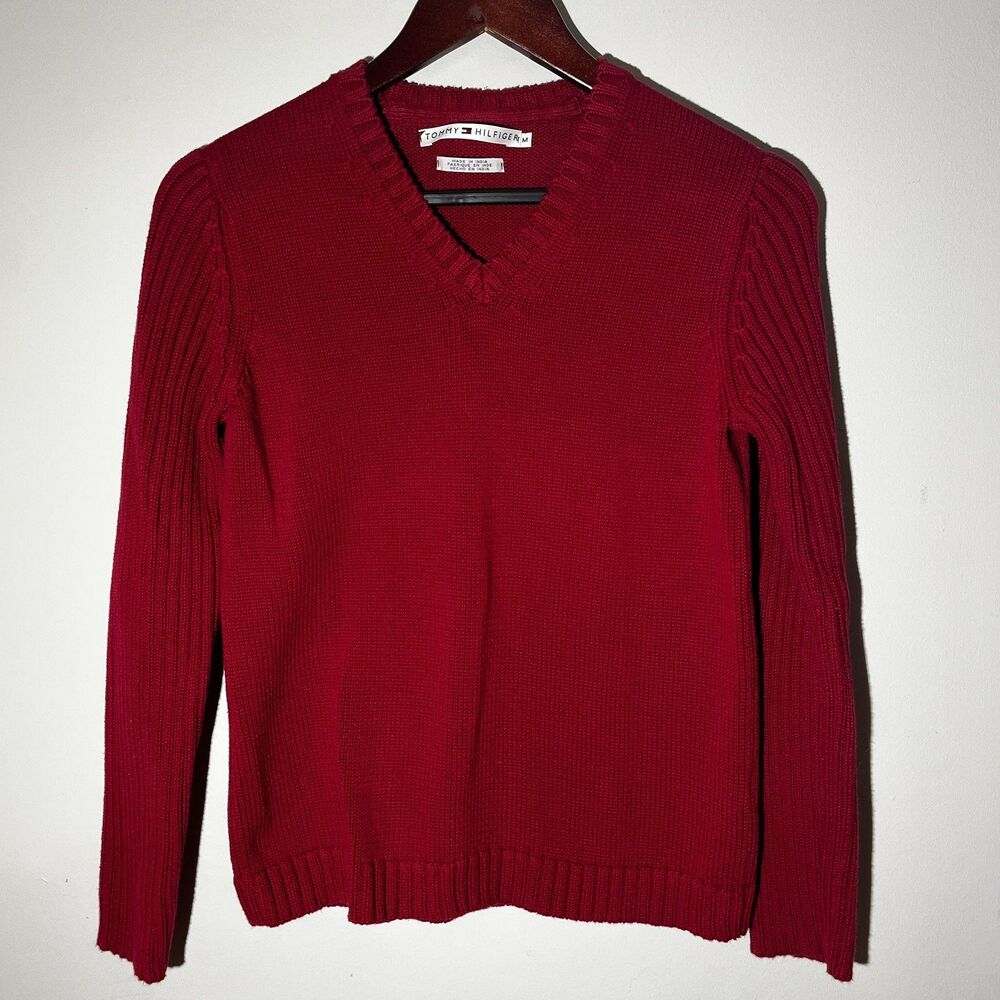 Vtg Tommy Hilfiger Sweater Knit Red Y2K Flag on sleeve Women Sz M 100%Cotton